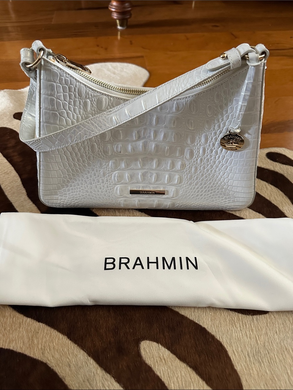 Brahmin Cream Croc-Embossed Leather Shoulder Bag
